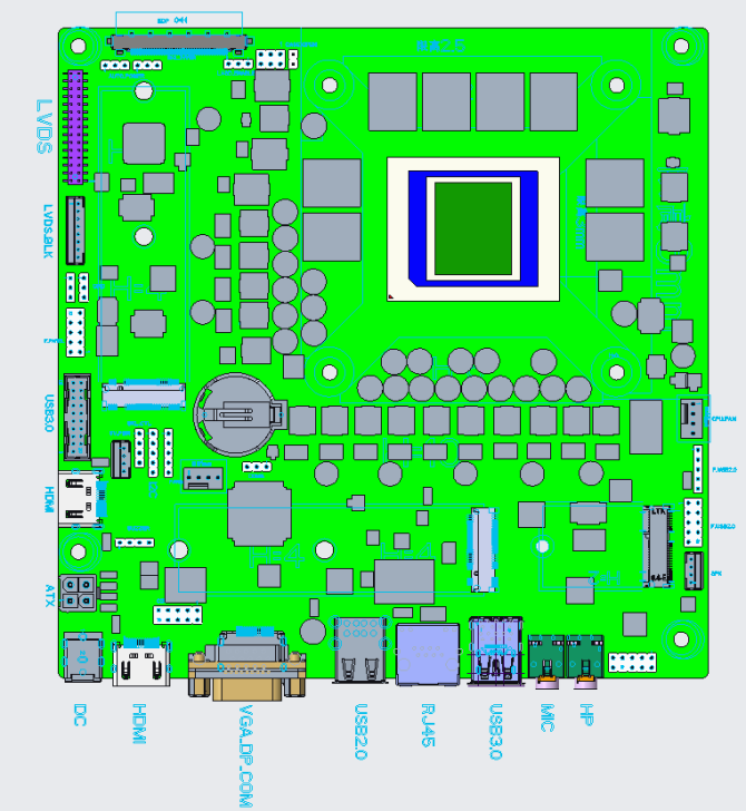 Diagram of a computer motherboard showing various ports and components in a green layout.