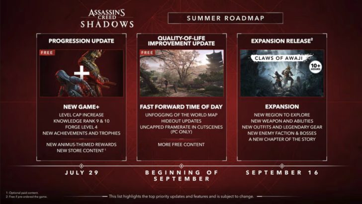 Assassin's Creed Shadows summer roadmap: updates and expansion details for July to September.