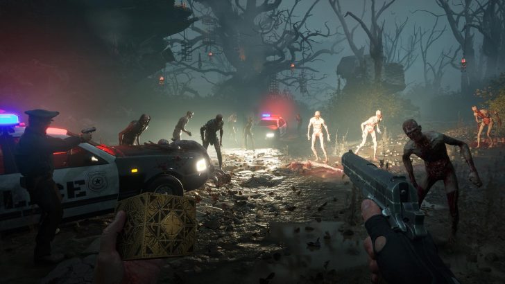 Zombie apocalypse scene with police cars, glowing lights, and confronting zombies in a dark eerie forest.