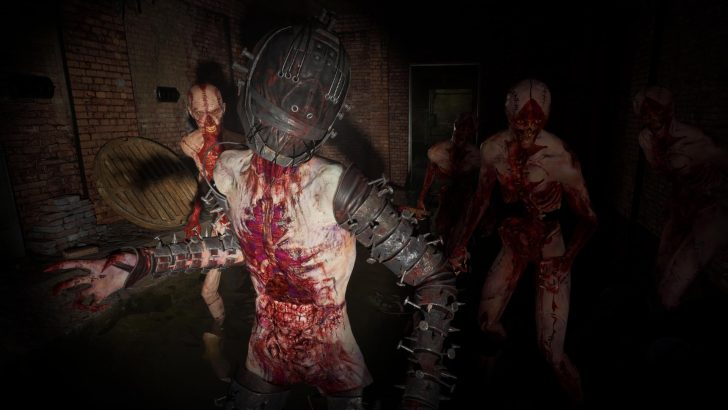 Terrifying zombies in a dark, eerie dungeon setting, covered in blood and wearing metal gear.
