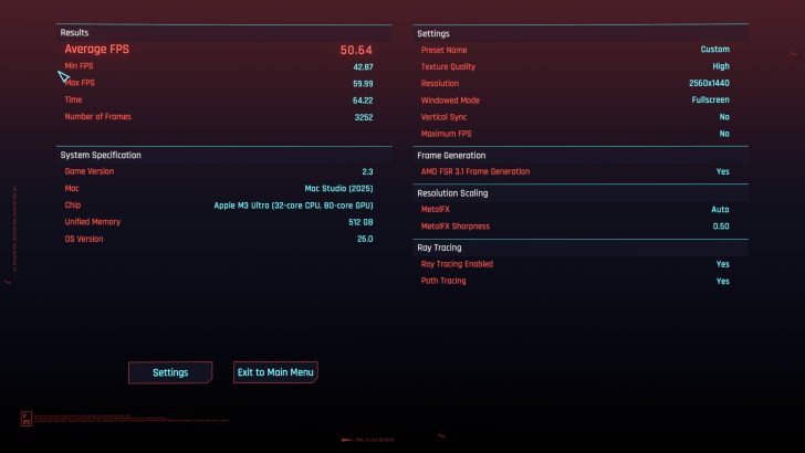 M3 Ultra running Cyberpunk 2077: Ultimate Edition
