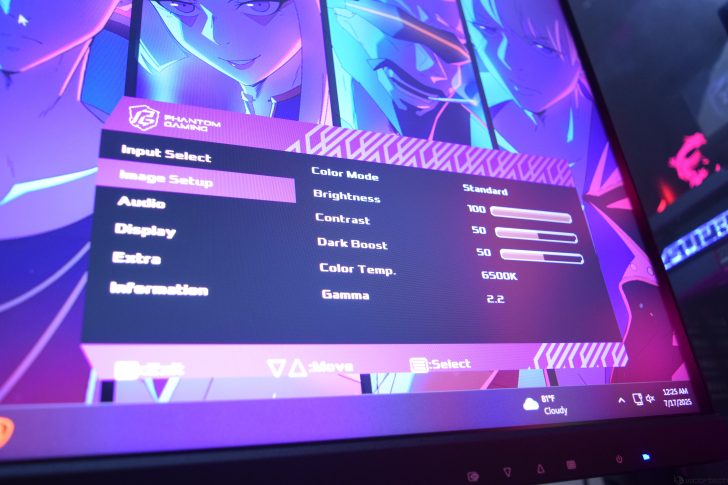 Monitor settings menu with image setup options and vibrant anime-themed background.