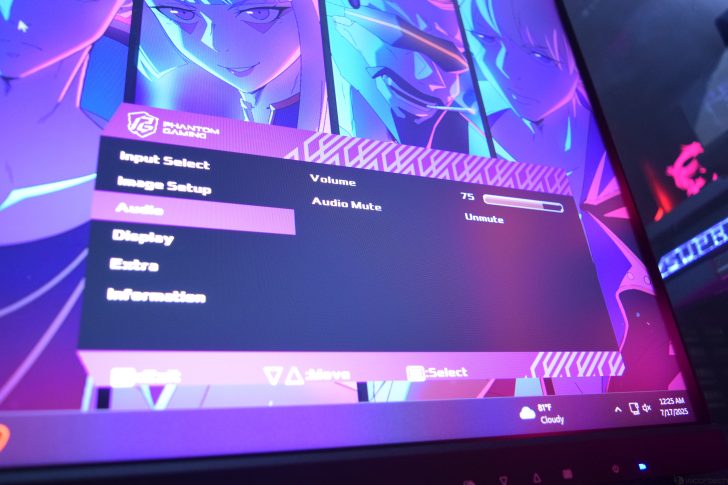 Gaming monitor menu displaying audio settings in a vibrant anime-themed interface.
