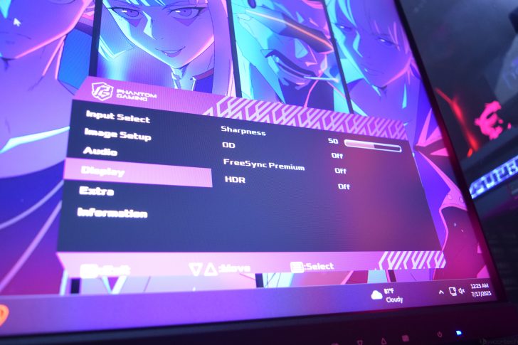 Gaming monitor display settings screen with vibrant anime background.