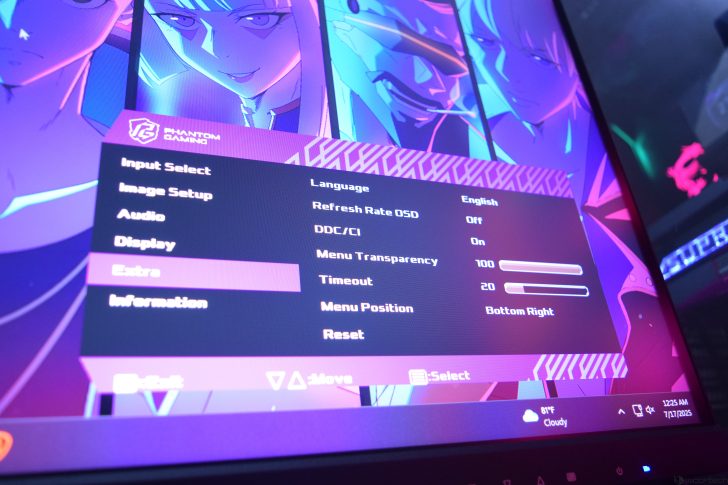 Monitor settings menu with vibrant, colorful anime background in Phantom Gaming mode.