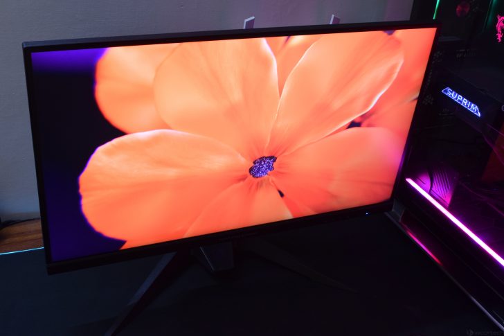 Computer monitor displaying vibrant orange flower close-up, adjacent to a gaming PC with RGB lighting.