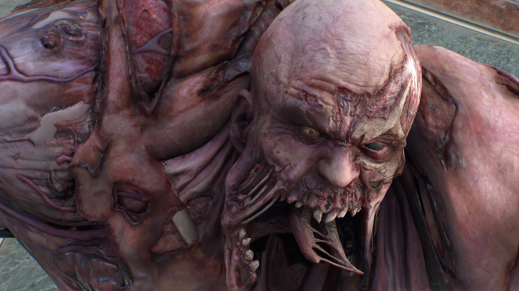 Grotesque creature with distorted features and sharp teeth in a horror-themed digital artwork.