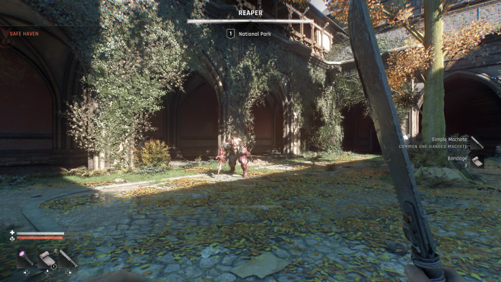 Video game scene with zombie creature in courtyard, player holds machete in foreground.