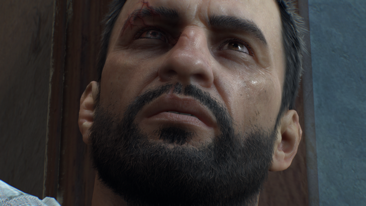 Realistic close-up of a bearded man's thoughtful expression, highlighting details and emotion.