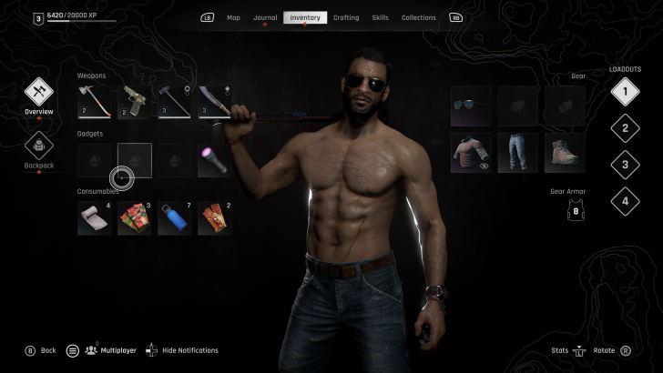 Shirtless character inventory screen featuring weapons, gadgets, and clothing in a video game interface.