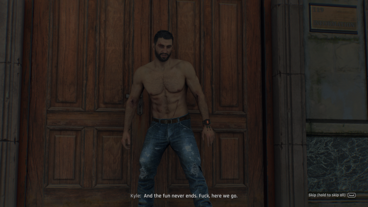 Shirtless man leans against wooden door wearing jeans, with urban background and dialogue text.