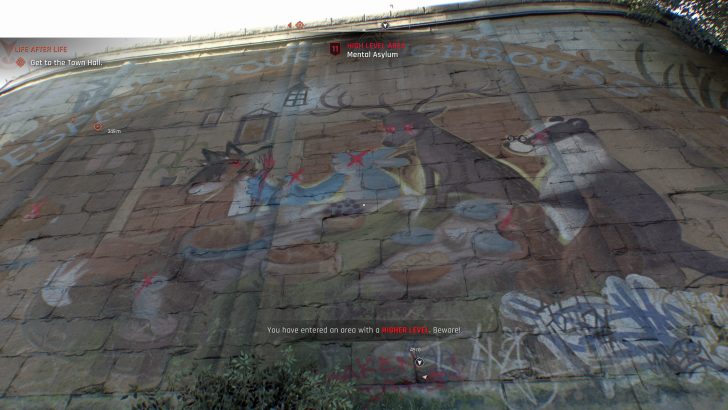 Street mural of animals on a wall with graffiti and game interface elements.