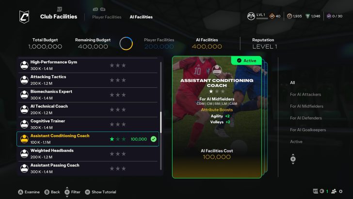 AI facilities menu with assistant conditioning coach details in a sports management game.