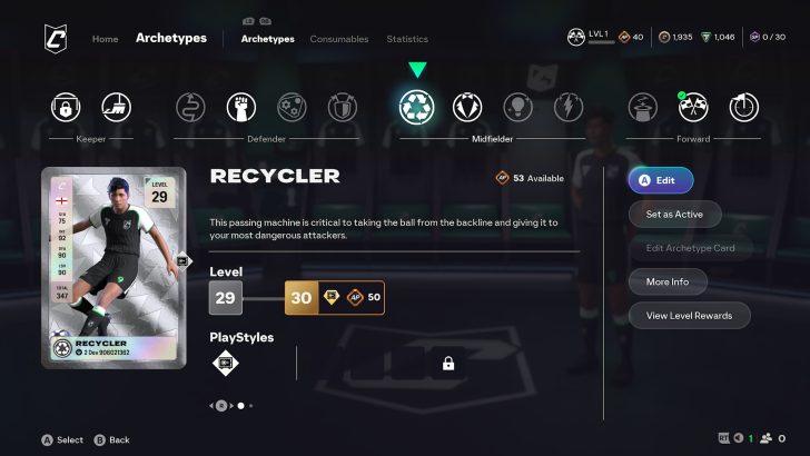 Game screen showcasing Recycler midfielder archetype card with player stats and options.