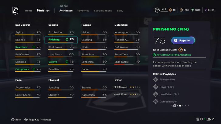 Video game player attributes screen showing various skill ratings and upgrades.