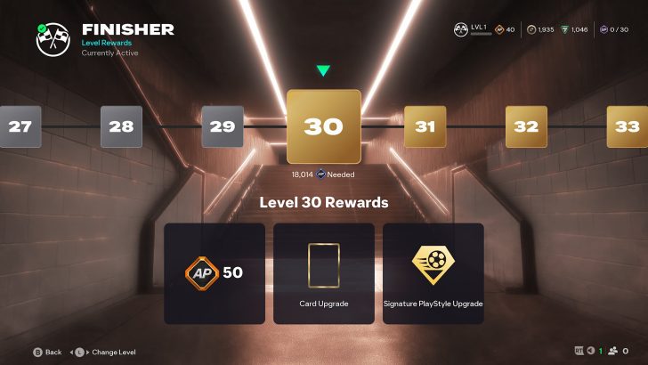 Level 30 rewards screen showing AP, card, and playstyle upgrades in a game interface.