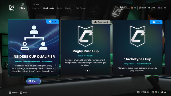 Live events screen featuring Insiders Cup Qualifier, Rugby Rush Cup, Archetypes Cup options.
