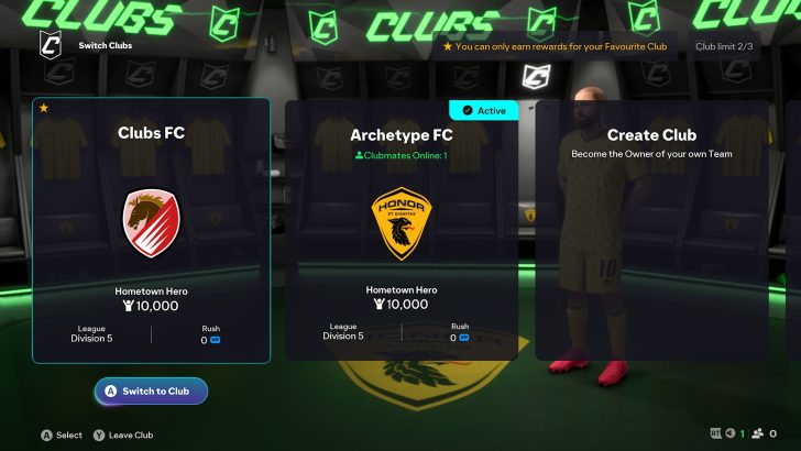 Soccer club selection screen with team logos, player stats, and club creation option.