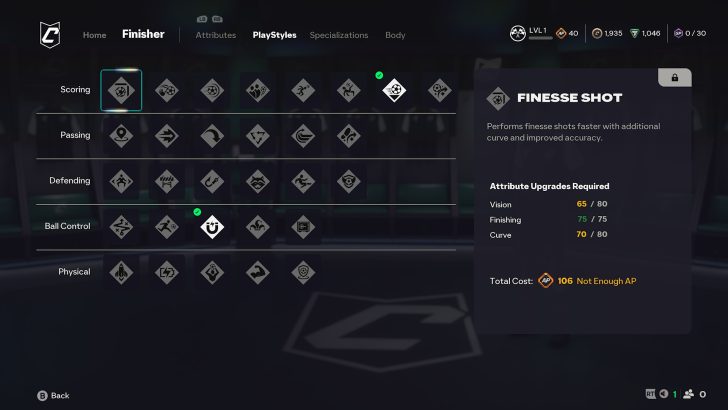 Game skill tree menu showing attributes for unlocking Finesse Shot ability.