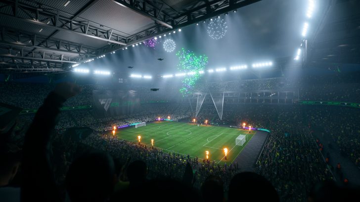 Football stadium with cheering crowd, fireworks, and vibrant lights at night.
