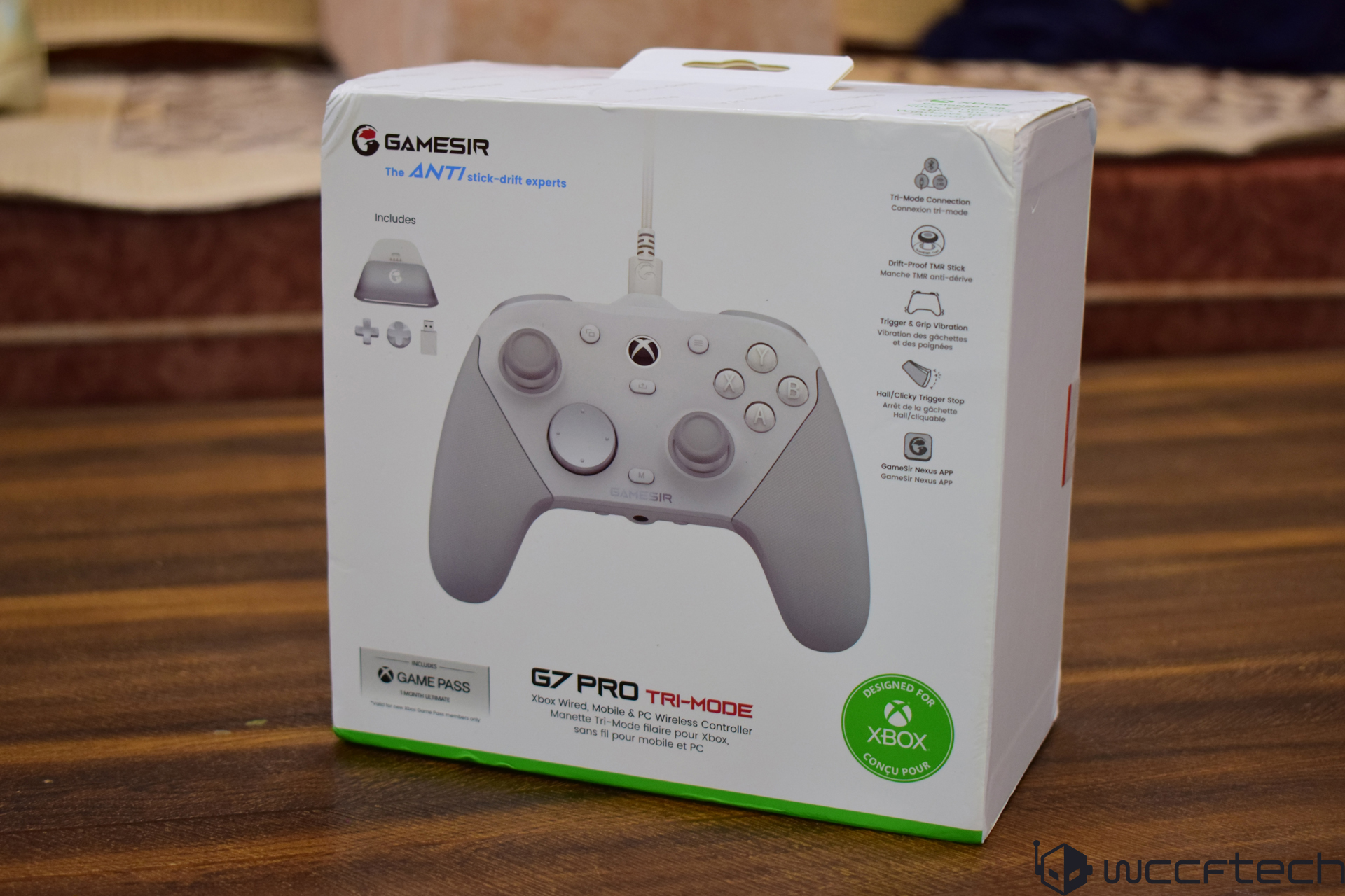 Gamesir G7 Pro Tri-Mode Controller Box for Xbox and PC on wooden table.
