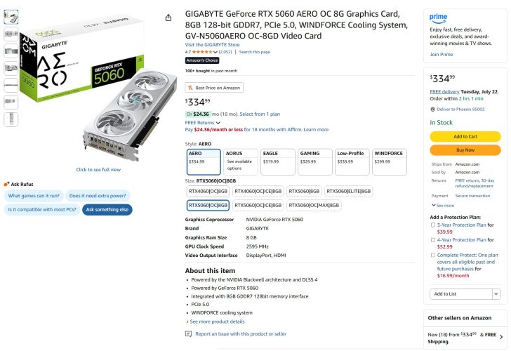 Gigabyte RTX 5060 AERO OC 8GB graphics card with WINDFORCE cooling system.
