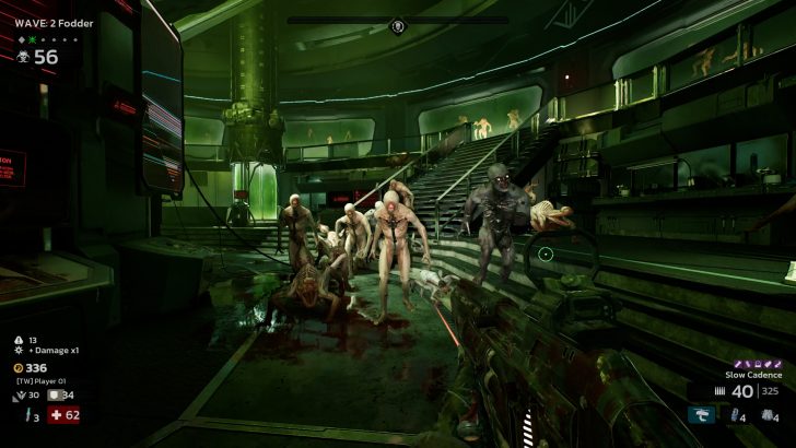 Killing Floor 3, Aliens attacking in a futuristic spaceship setting during wave 2 in a video game.