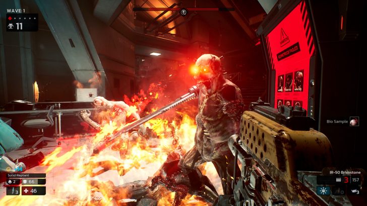 Killing Floor 3, Intense sci-fi battle scene with flaming creature and weapon in futuristic setting.