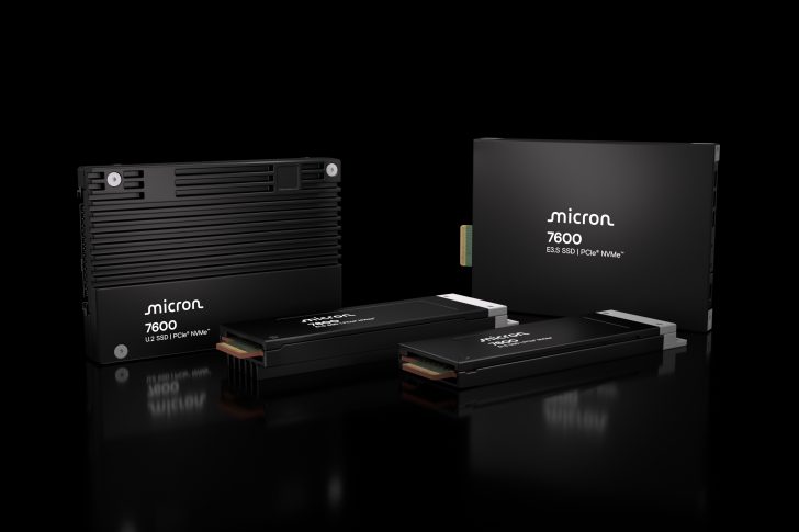 Micron 7600 SSDs, PCIe NVMe storage devices on a reflective black surface.
