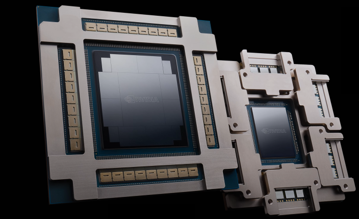 NVIDIA graphics processing unit with intricate design and metallic components on a dark background.