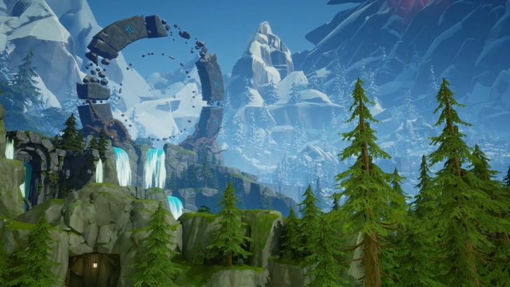 Scenic snowy mountains with waterfall and mysterious ring structure among pine trees.
