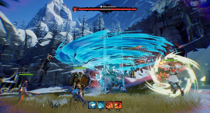 Fantasy game battle with heroes fighting an ice golem boss in a snowy mountain setting.