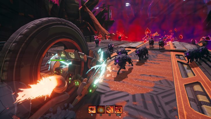 Futuristic bike warrior battles dark creatures on a vibrant, sci-fi road.