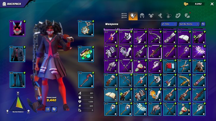 Character gear and weapons inventory screen from a video game.