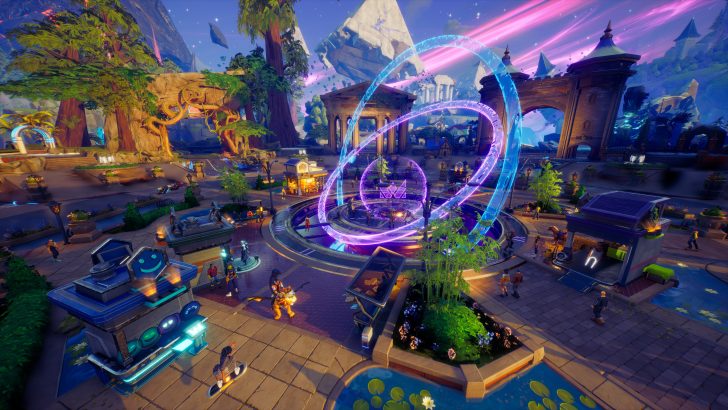 Colorful fantasy plaza with futuristic architecture, glowing rings, and lively crowd at dusk.