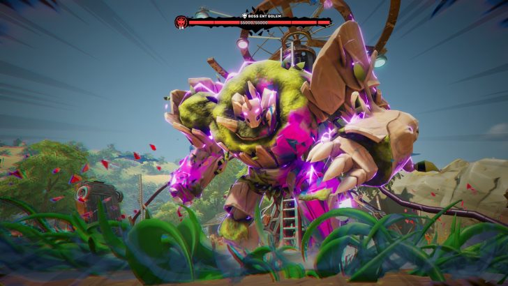 A powerful golem boss glowing purple in a vibrant video game landscape.