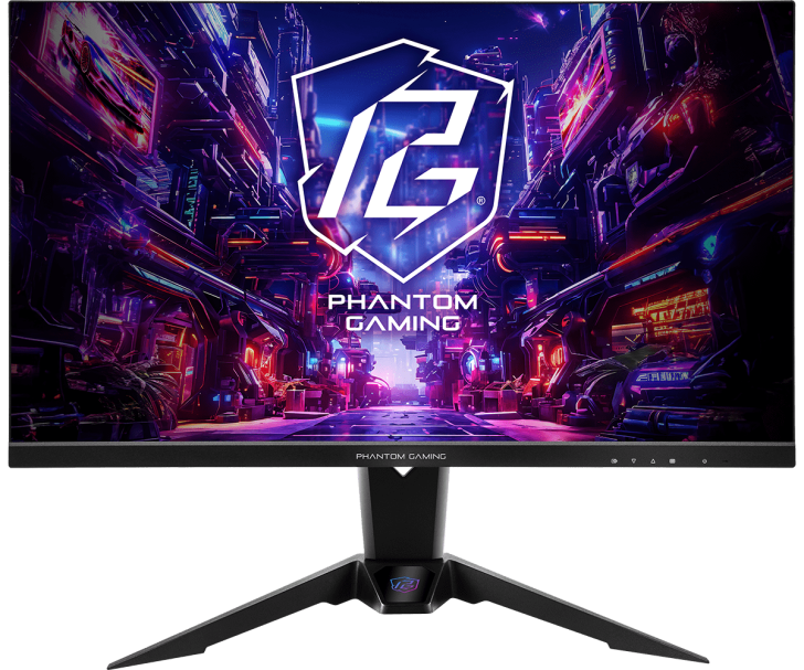 Phantom Gaming monitor with vibrant futuristic cityscape on screen.