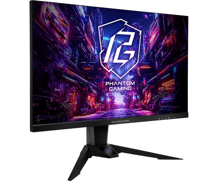 Gaming monitor with futuristic cityscape screen and Phantom Gaming logo.