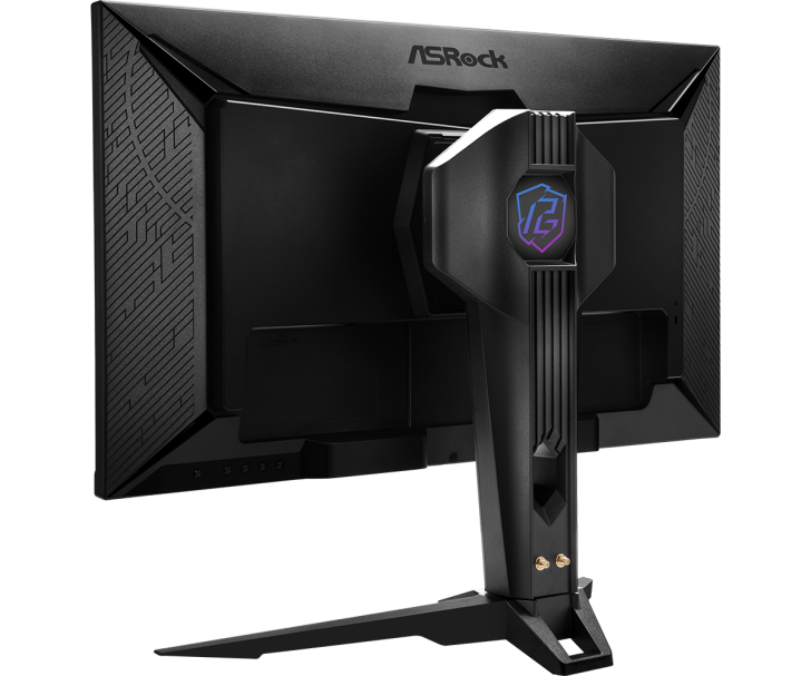 Back view of ASRock computer monitor with sleek design and logo. Ideal for gaming or professional use.