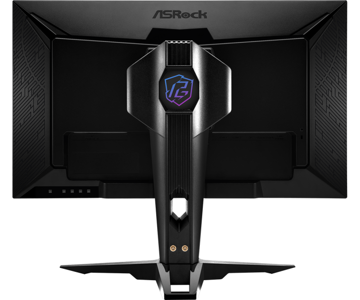 Back view of ASRock gaming monitor showing futuristic design and sturdy stand.