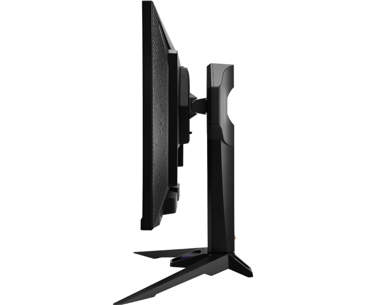 Side view of a sleek black monitor screen with adjustable stand, perfect for ergonomic setups.
