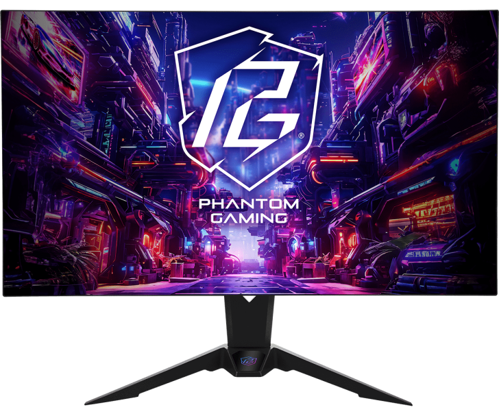 Cyberpunk cityscape with Phantom Gaming logo on a vibrant gaming monitor display.
