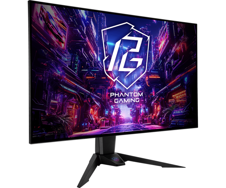 Phantom Gaming monitor with neon cyberpunk design, vibrant cityscape graphics on screen.
