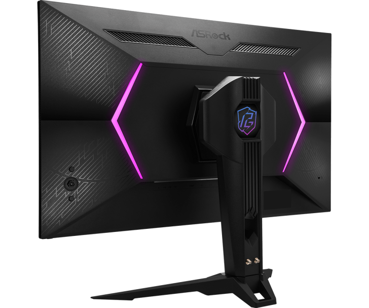 Back view of gaming monitor with pink LED lights and sleek design.