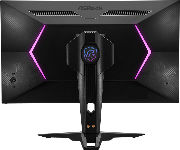 Back view of ASRock gaming monitor with purple LED lights and geometric design.