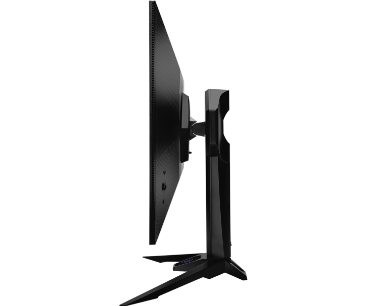 Side view of a sleek, modern computer monitor with a thin profile and sturdy stand.