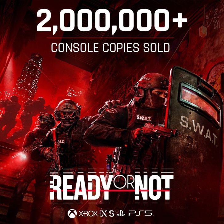 Ready or Not game, 2 million console copies sold, SWAT action scene, Xbox, PS5 logos.