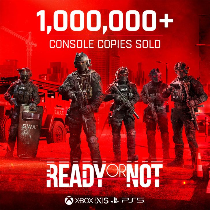 Ready or Not game reaches 1,000,000 console copies sold, features SWAT team on red background.
