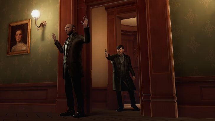 Tense scene with one man holding another at gunpoint in a vintage room.