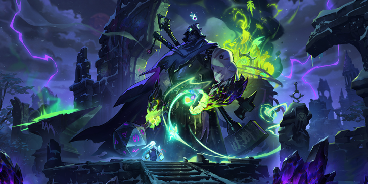 Mysterious figure wields dark magic in a mystical, ruined landscape with glowing artifacts.